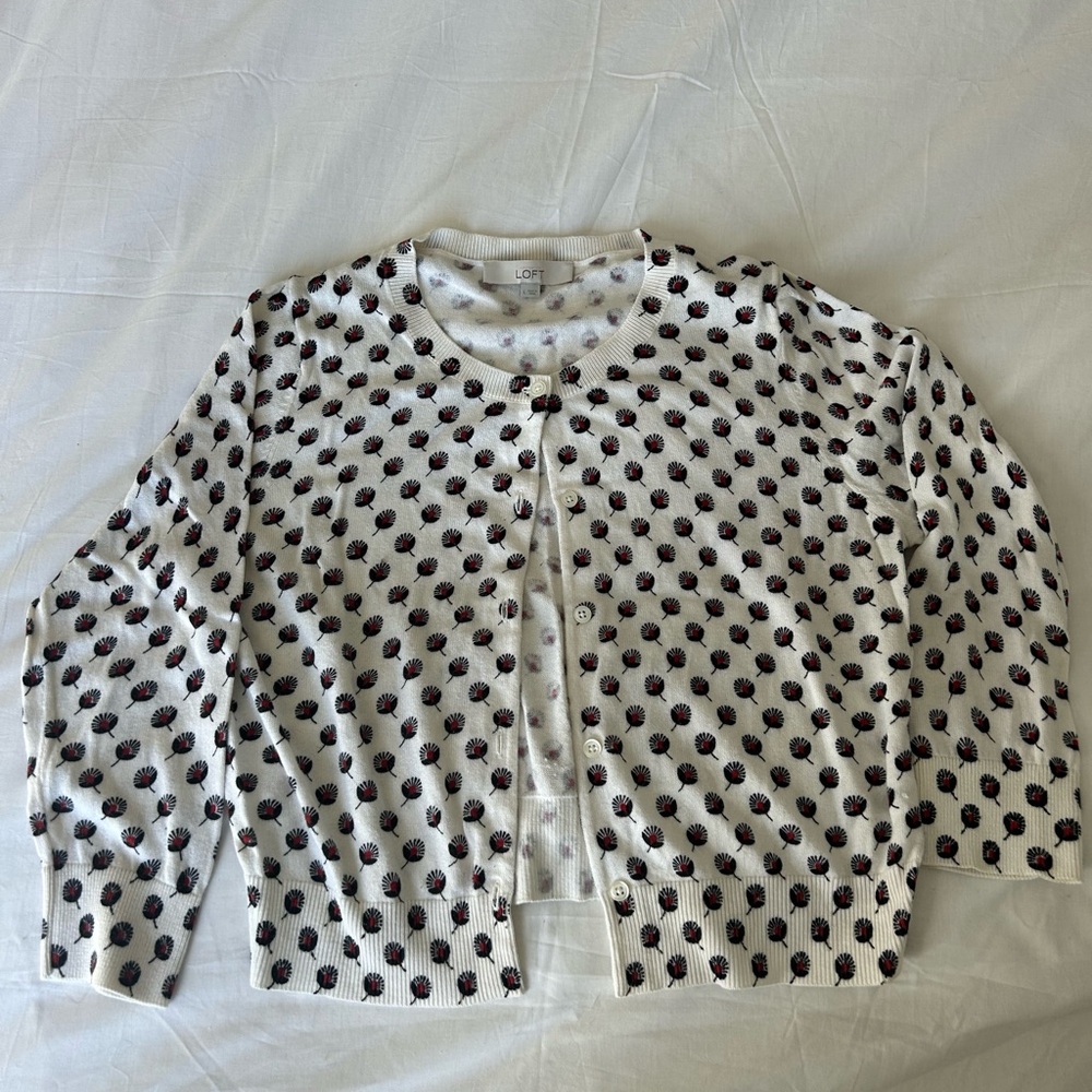 LOFT White Cardigan with Black and Red Dots